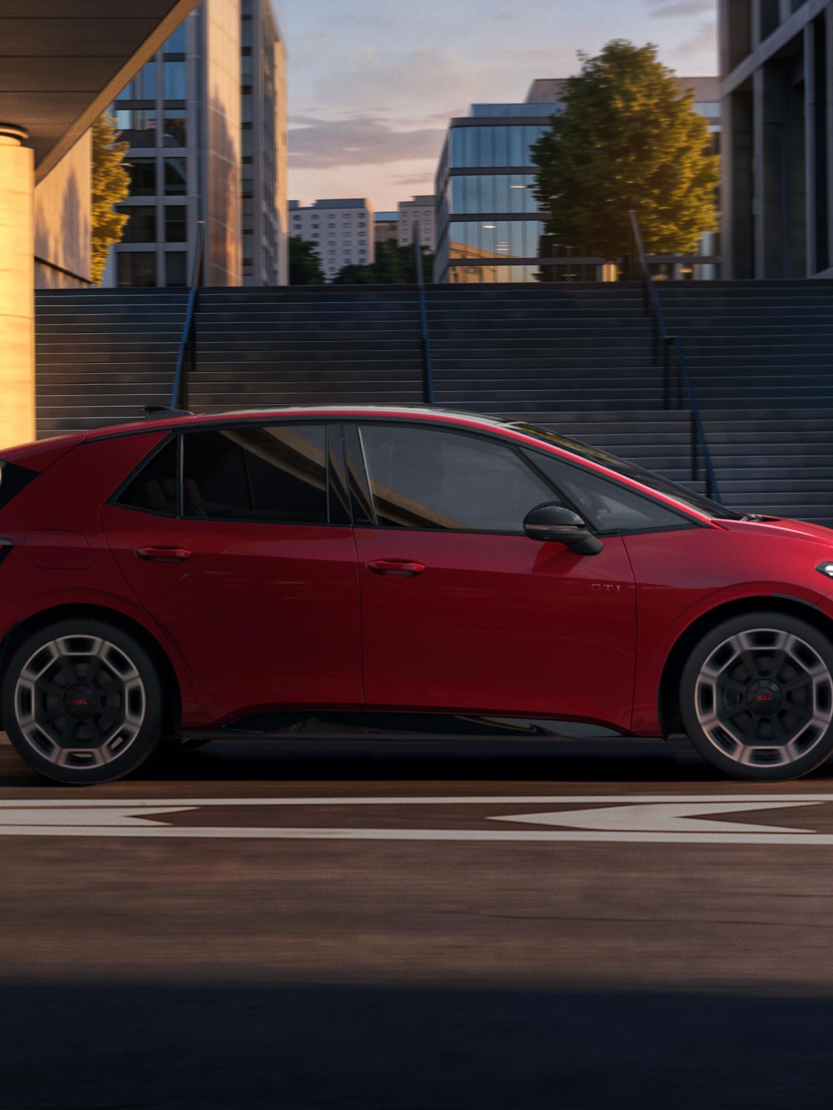 [AI-modified] – Boční pohled na červený VW ID.3 GTI projíždějící pod mostem v městském prostředí.
