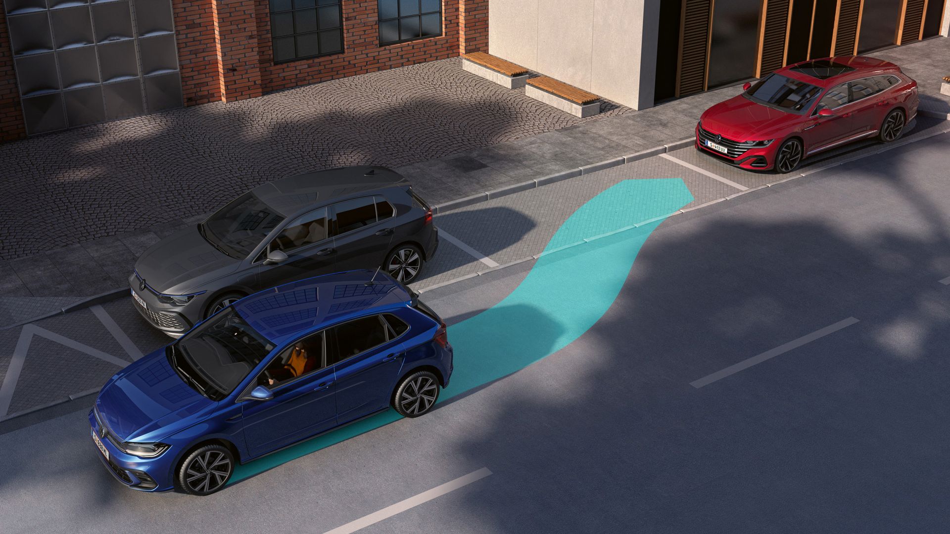 Grafické znázornění funkce parkovacího asistenta Park Assist ve voze Volkswagen Polo.