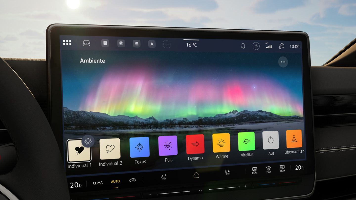 Das Bild zeigt das Infotainment System eines ID. Modells und die Einstellungen des Ambiente-Profil