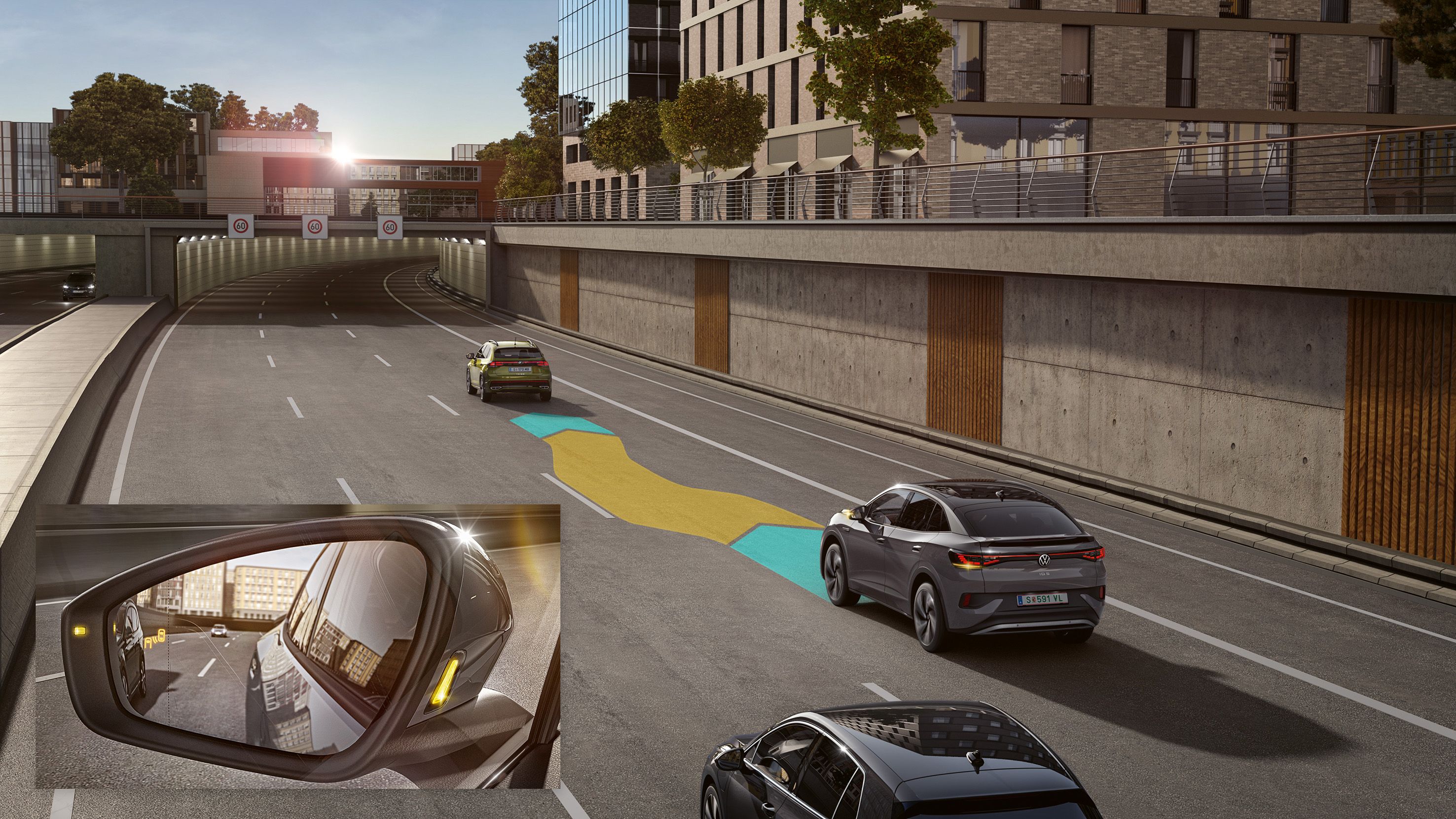 Illustration zeigt schematisch anhand eines VW ID.5 die Funktionsweise des Side Assist.