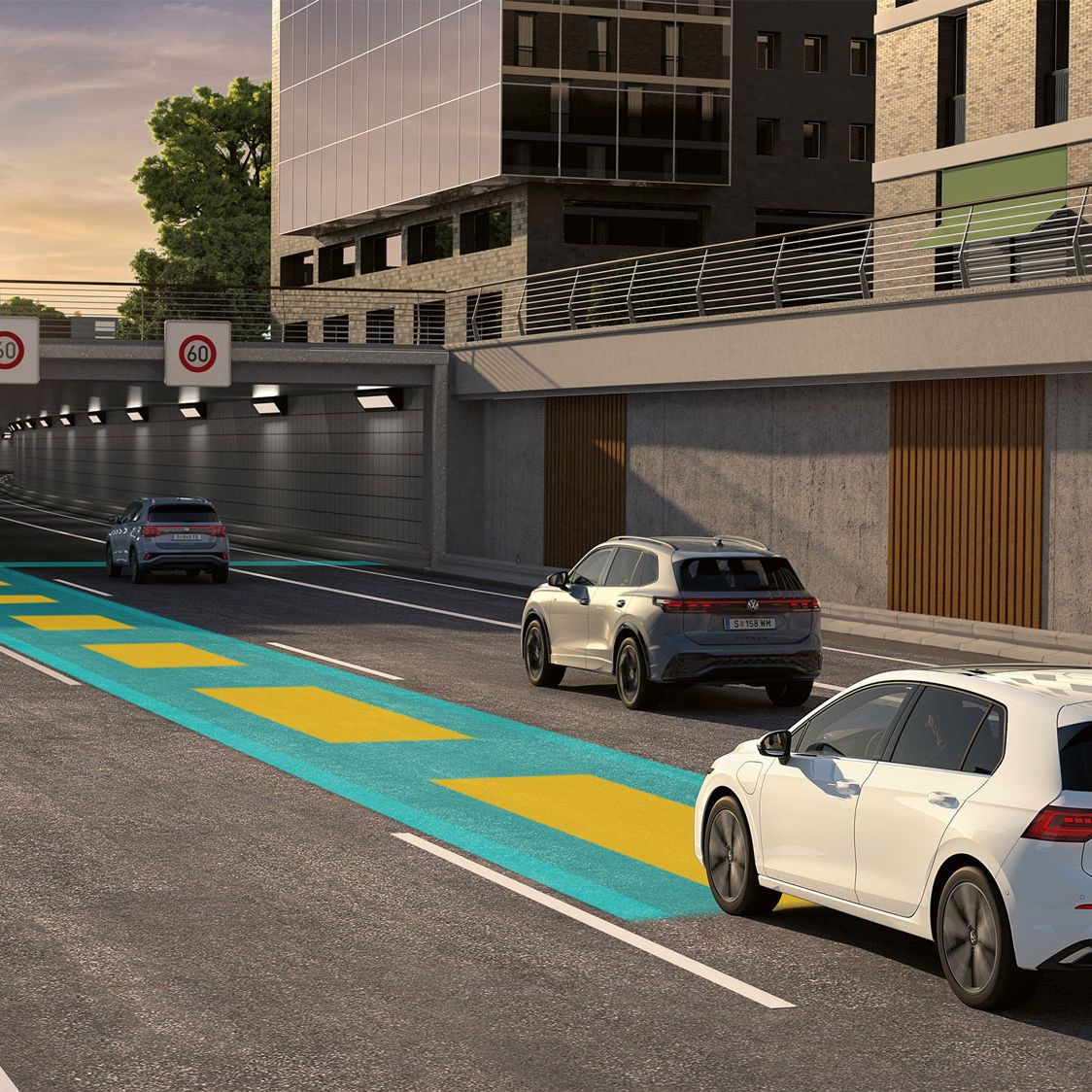 Illustration zeigt schematisch anhand eines VW Golf die Funktionsweise des Travel Assist.