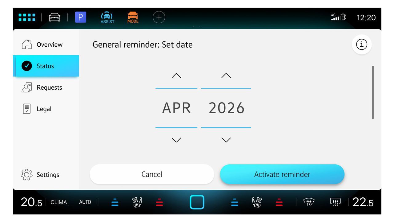 Bildschirm des Infotainment-Systems mit Terminauswahl in der In-Car App Fahrzeugservice