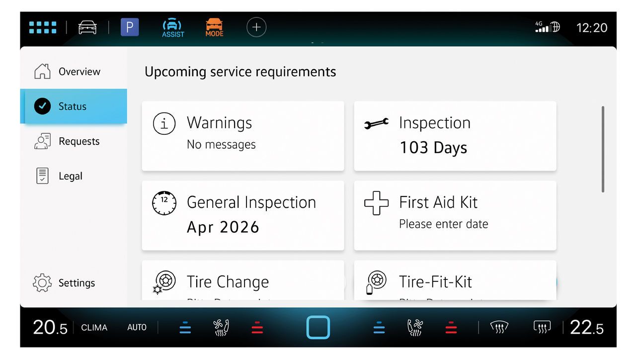 Bildschirm des Infotainment-Systems mit Serviceübersicht in der In-Car App Fahrzeugservice