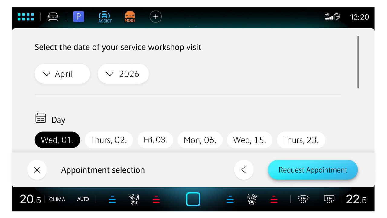Screen zeigt In-Car App Fahrzeugservice mit Auswahlmenü für Wunschtermin
