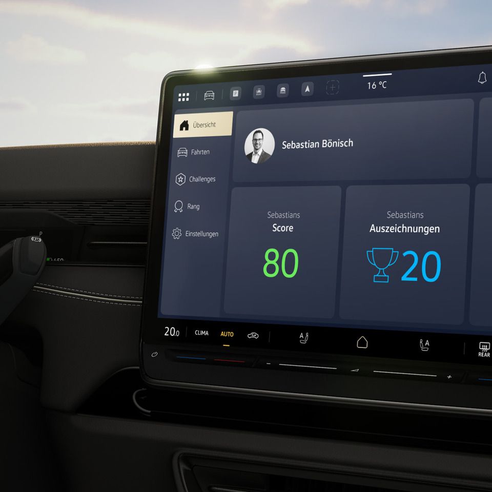 Das Bild zeigt das Infotainment System eines ID. Modells und den Modus "Fahrstil"