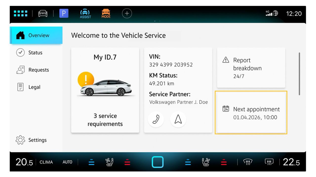 Screen zeigt allgemeine Übersicht in der In-Car App Fahrzeugservice