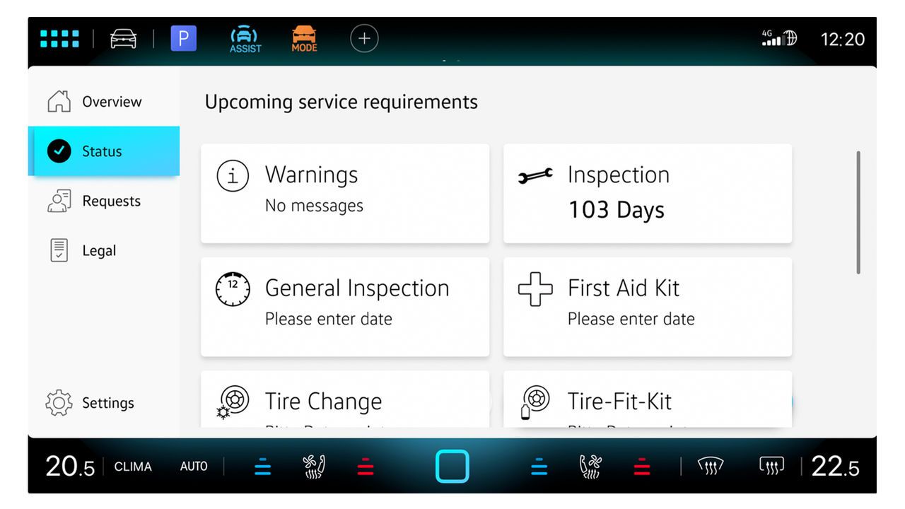 Screen zeigt Übersicht vom Fahrzeugstatus in der In-Car App Fahrzeugservice
