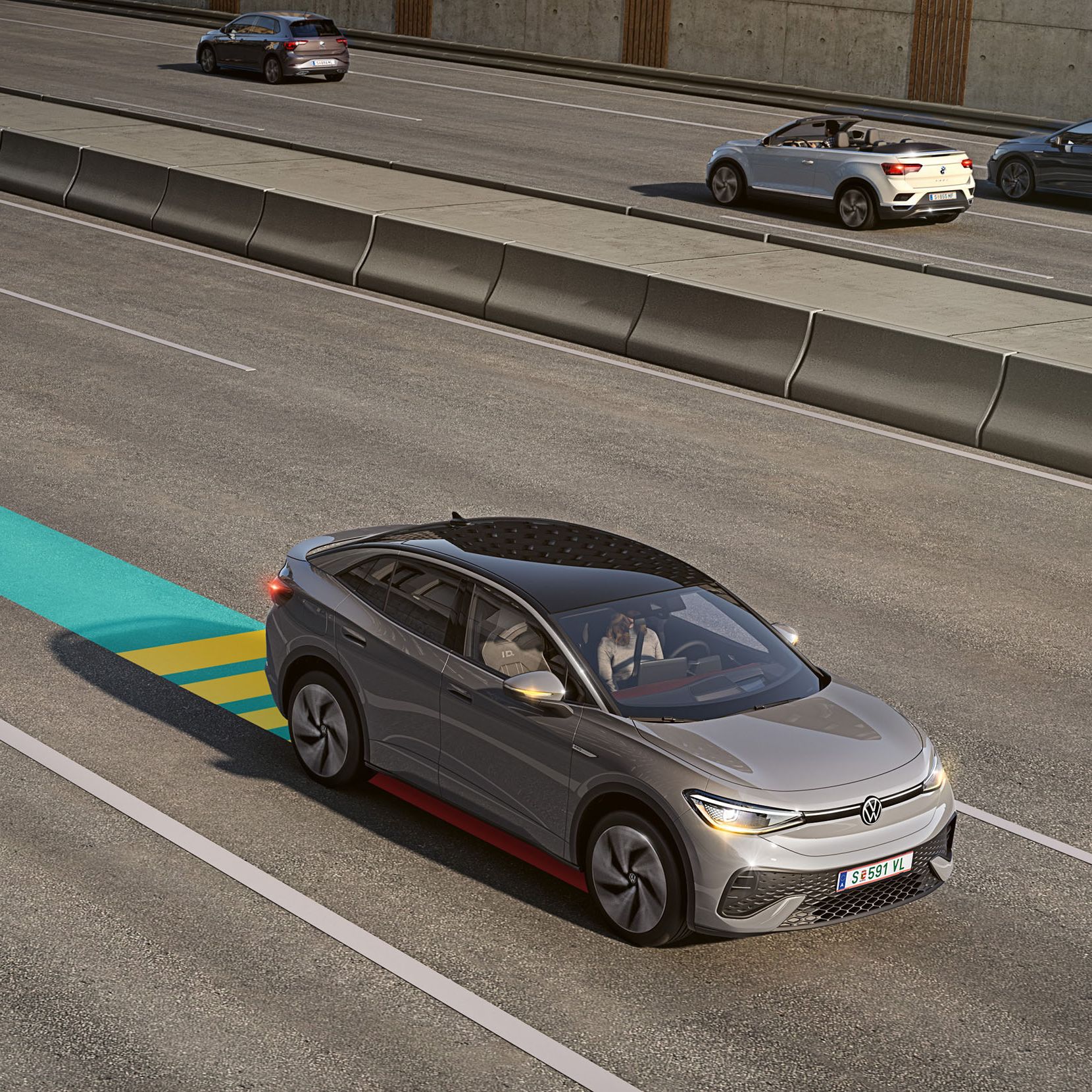 Illustration zeigt schematisch anhand eines VW ID.5 die Funktionsweise des Emergency Assist. 